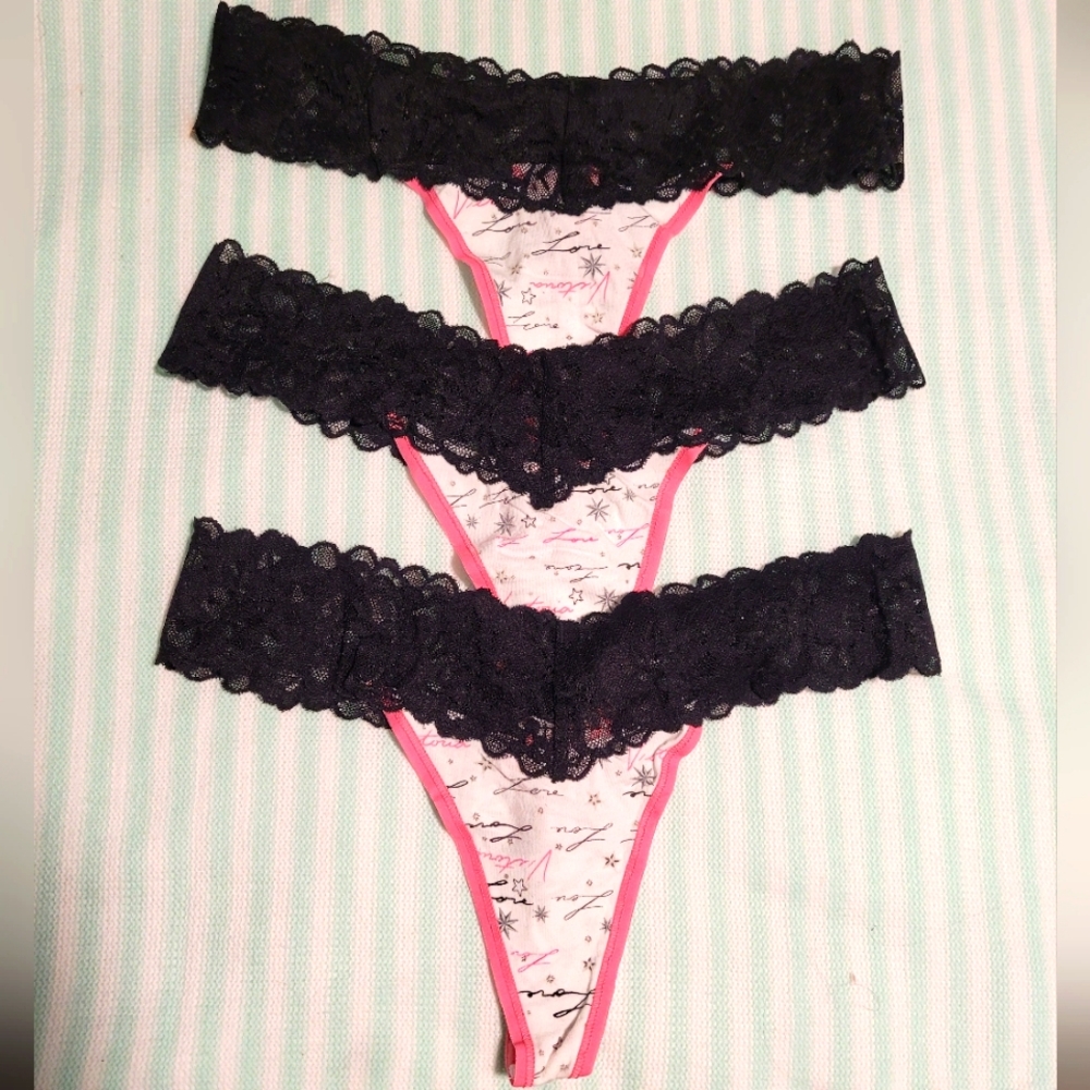 Victoria Secret black pink lace thong set of 3 medium NWT